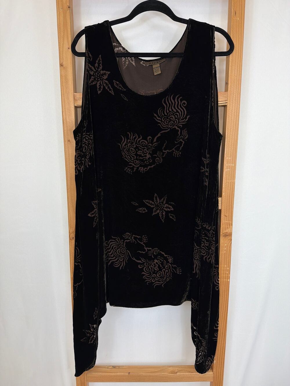 Harari Brown Velvet Floral Burnout Asymmetrical Hem Mid Dress Size 1X